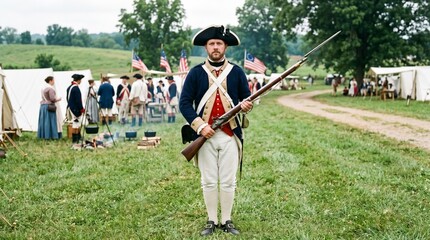 Obraz premium Historical reenactor dressed as Revolutionary War soldier standing in military camp with musket outdoors