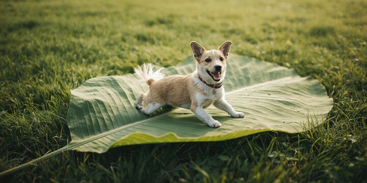 Beaming pet frolicking atop a massive grass leaf in crisp summer air
