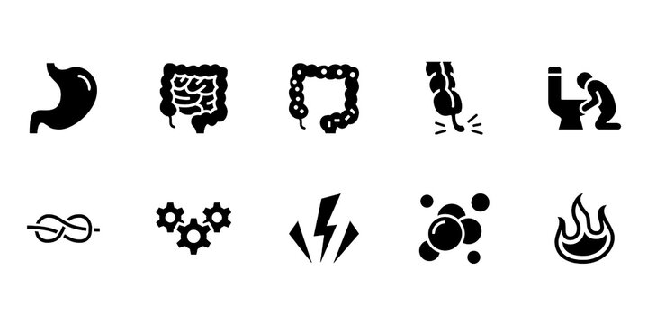Abdominal Disease Glyph Icon Set, Digestion Symptom Medical Vector Transparent Background