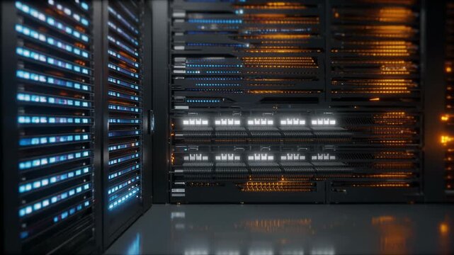 Futuristic Data Center Server Room with Blue and Orange LED Lights