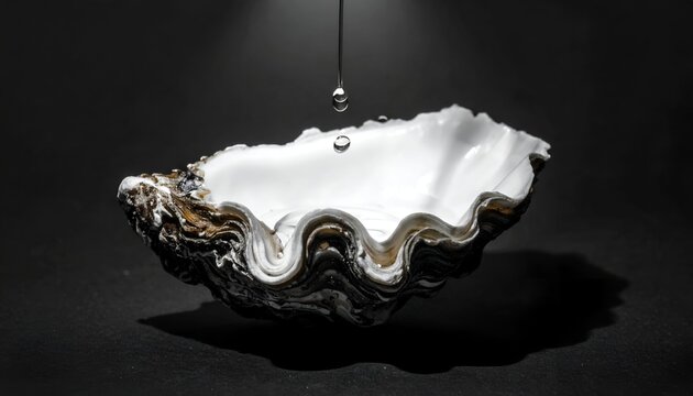 Shell vessel with water drop in stark light against a black backdrop
