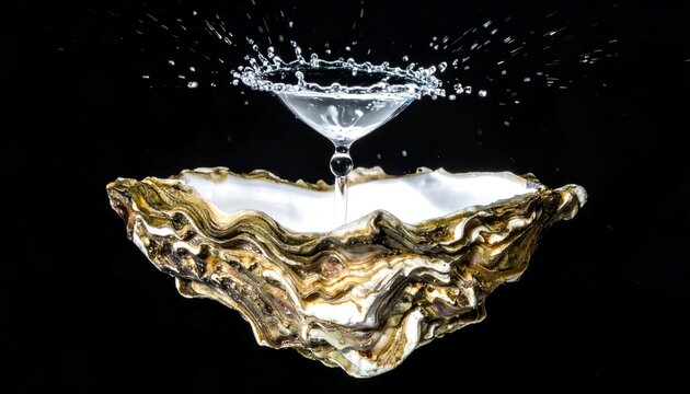 Water splashes from glass over shell, against black background