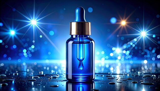 Blue dropper bottle with golden cap, glowing background, water droplets on a surface