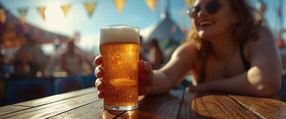 Obraz premium Chilled beer enjoyed at a vibrant festival offering extensive copy space
