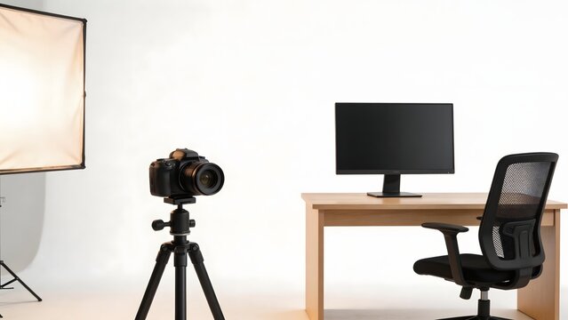 Photography studio setup with camera and desk