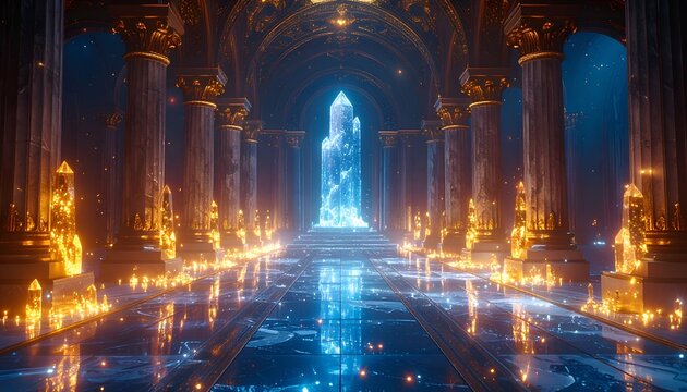 Ornate crystal hall, tall columns, blue crystal at end, golden light, polished floor