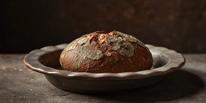 A ceramic dish with rye bread featuring aged green mold patches