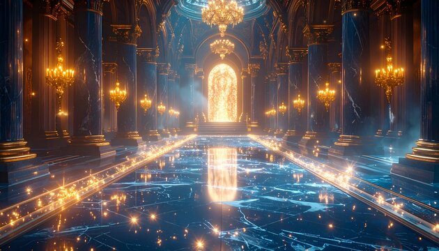 Opulent marble hallway with gold accents and glowing exit