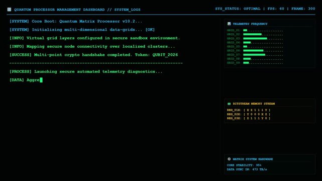 Neural Network Training Terminal Screen Showing Quantum Matrix State Diagnostics and Distributed Node Telemetry Data Stream.