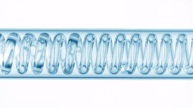 Close up shot of clear transparent liquid flowing through a horizontally mounted coil laboratory condenser on white background | Nicotinamide solution cosmetic ingredient concept