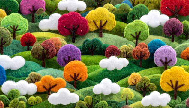 Whimsical landscape with colorful felt trees and fluffy clouds on green hills