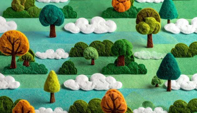 Felt craft landscape stylized trees and clouds on patterned blue-green background