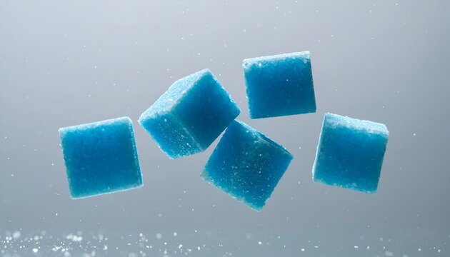 Five blue sugar cubes hover in soft, even lighting with a subtle background