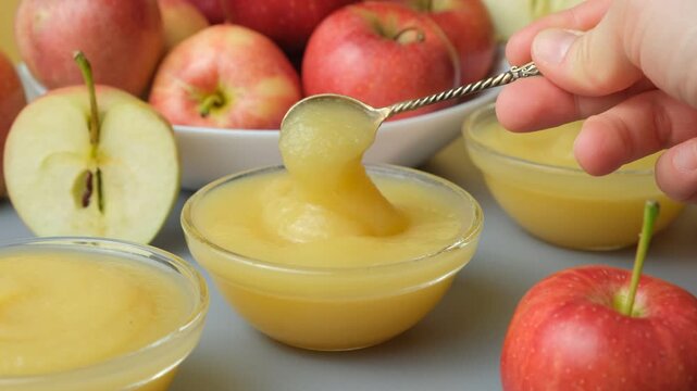 Stirring the organic apple puree sauce with a spoon, showing the texture