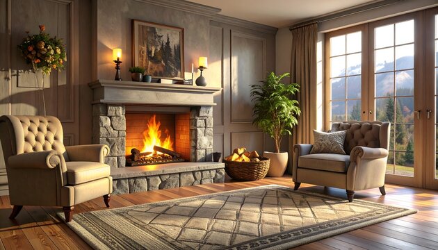 Cozy living room with fireplace, chairs, rug, and outdoor view