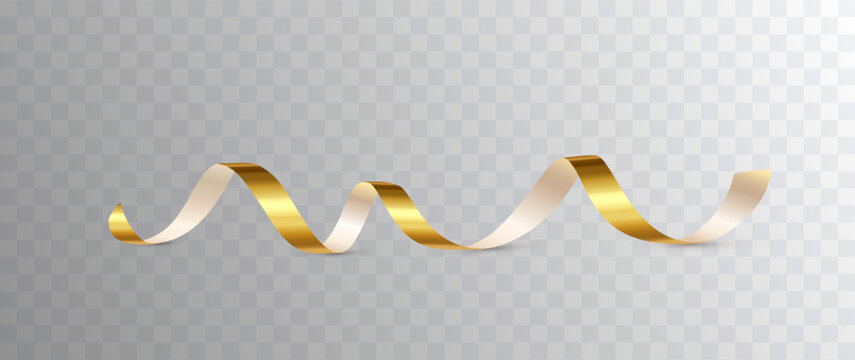 Gold serpentine isolated on transparent background. Curly ribbon, foil tape, festive decor element. Vector spiral decoration for birthday party, carnival, greeting cards