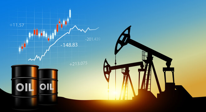  Oil barrels stand against the background of pump jack silhouettes with a stock market chart overlay at sunset