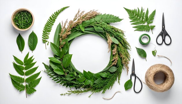 Wreath-making green foliage, tools arranged on white. Copy space in center