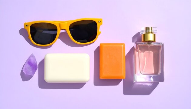 Flatlay sunglasses, soap bars, amethyst, perfume bottle on purple background