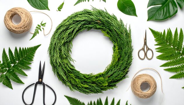 Evergreen wreath & crafting materials on bright background, flat lay still life