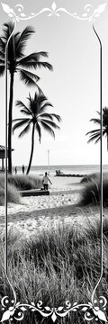 Black and white beach scene with palm trees and grass in a decorative border design, tranquil, seashell