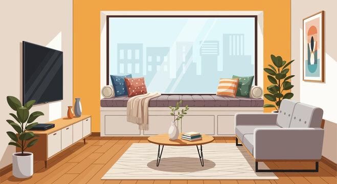 Cozy Living Room with Modern Furniture and Large Window.