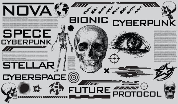 Cyberpunk design elements with skulls and futuristic text on gray background