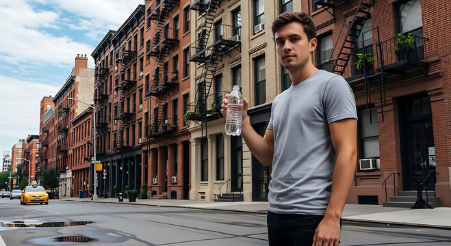 Young Man Holding a Water Bottle on a New York City Street with Brownstone Buildings