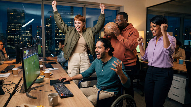 Diverse colleagues cheering and rising arms while celebrating watching a football match on a computer screen in the office at night, with coworker kissing a soccer ball