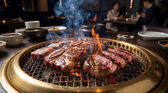 Slices of marinated marbled beef grilling on a round built-in charcoal tabletop barbecue grill in a traditional Japanese yakiniku or Korean BBQ restaurant.
