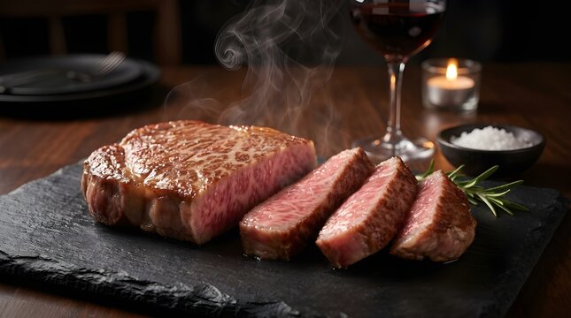 Juicy medium-rare ribeye steak sliced on a black stone plate with a glass of red wine and a candle in a dark, cozy restaurant background.