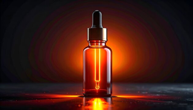 Amber bottle with dropper glows with inner light on a dark surface
