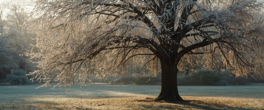 Chilly sunny start to a late autumn day with frost covered foliage