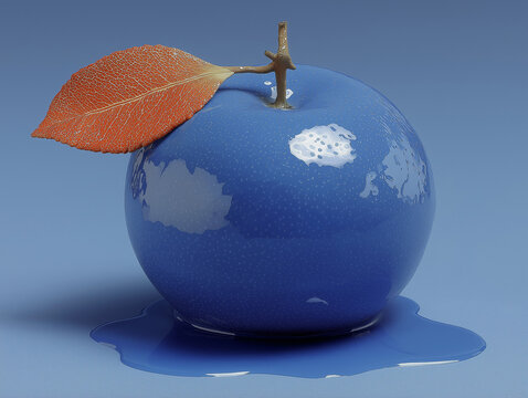 Glossy blue apple with textured orange leaf and wooden stem on a seamless blue studio background. Surreal fruit concept for packaging, food advertising, and creative branding.