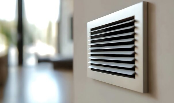Modern silver air conditioning ventilation vent on white wall surface in bright cozy house.