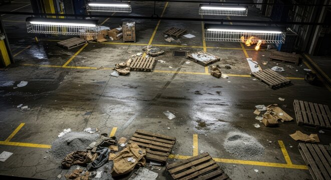 Grimy industrial concrete floor cluttered with discarded shipping pallets and scattered debris, showing signs of neglect and abandonment