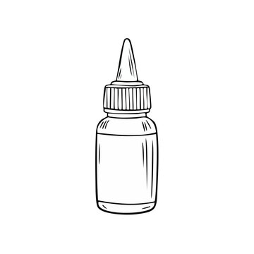 Hand drawn illustration of a small glass bottle with a dropper and liquid inside