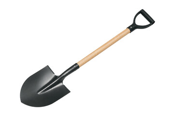 Isolated black steel shovel with wooden handle on white background, gardening tool for digging, landscaping, farming, construction, and outdoor work equipment. © MJ iceberg