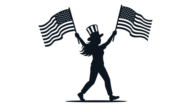 Woman waving american flags with uncle sam hat silhouette