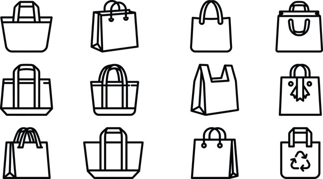 Shopping bag line icons set tote bags grocery bags retail packaging