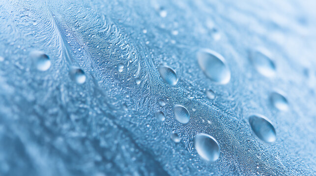 Macro texture of frost pattern and condensation drops on frozen glass