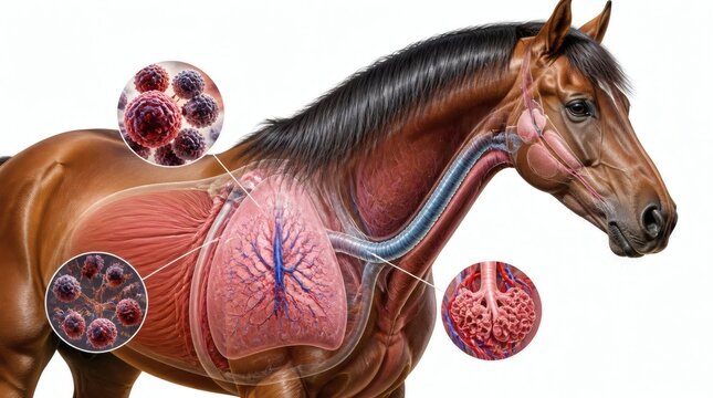 Horse, anatomy and respiratory system in equine veterinary medicine for lung health, science and biology. Brown stallion, internal organs and trachea with animal care, healthcare and medical study.