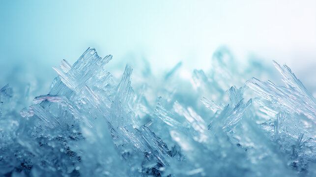 Close up of sharp ice crystals and frost spikes against light blue background