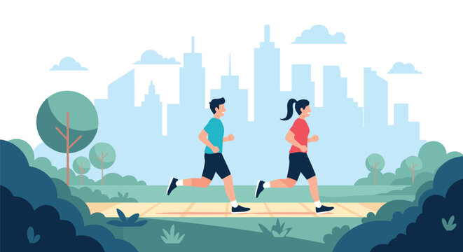Happy couple jogging together on a path in a city park with a cityscape background.