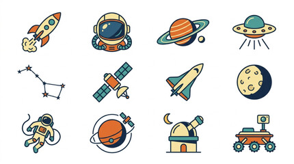 Collection of Space Exploration Icons and Symbols. © Falik