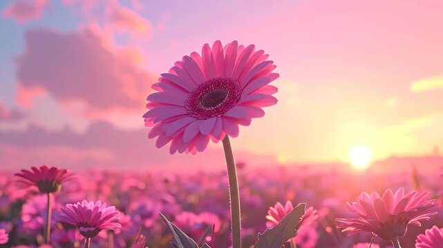 Beautiful Pink Gerbera Daisy Field at Sunset with Vibrant Sky.