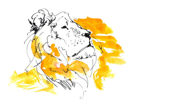 凛としたライオンの横顔の手描き水彩イラスト
Hand-drawn watercolor illustration of a majestic lion profile
