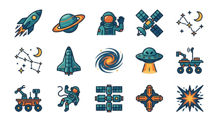 Collection of space exploration and science fiction icons. © Falik
