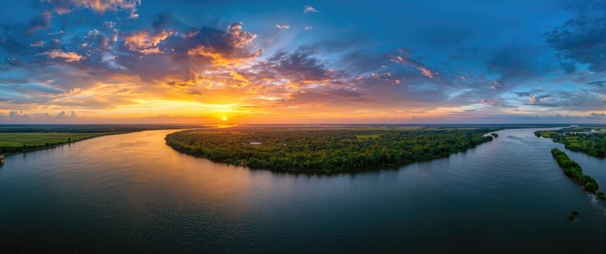 Beautiful Sunset Panorama Showcasing the Rich Biodiversity of a River Delta