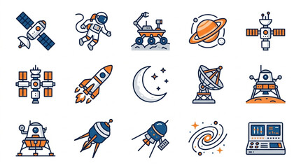 Collection of space exploration icons and illustrations. © Falik